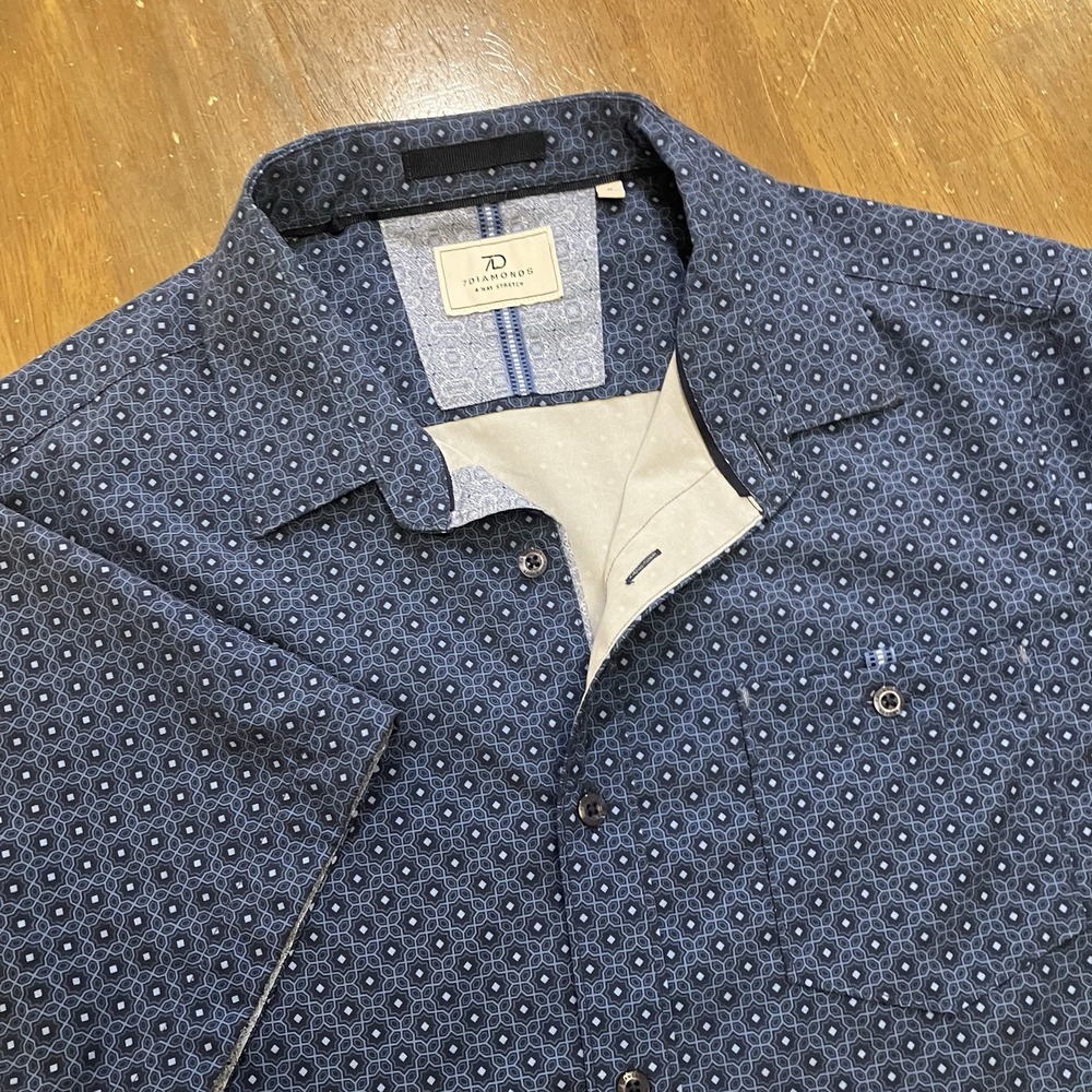 7Diamonds 4 Way Stretch Shirt Mens Medium‎ Blue Geometric Short Sleeve Button Up